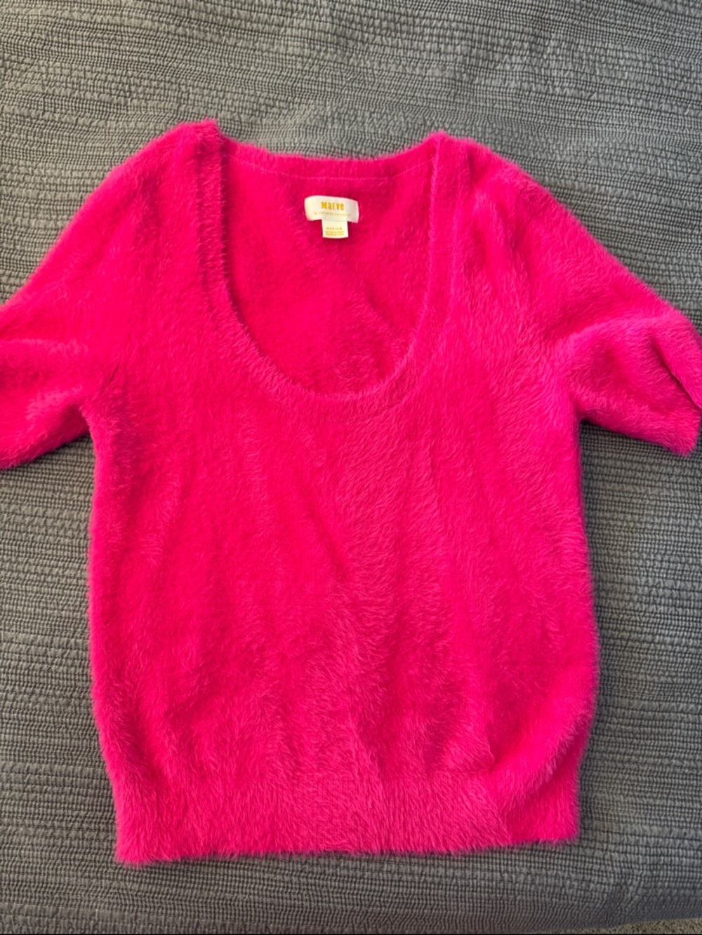 Maeve Bright Pink Fuzzy Scoop-Neck Short Sleeve Sweater